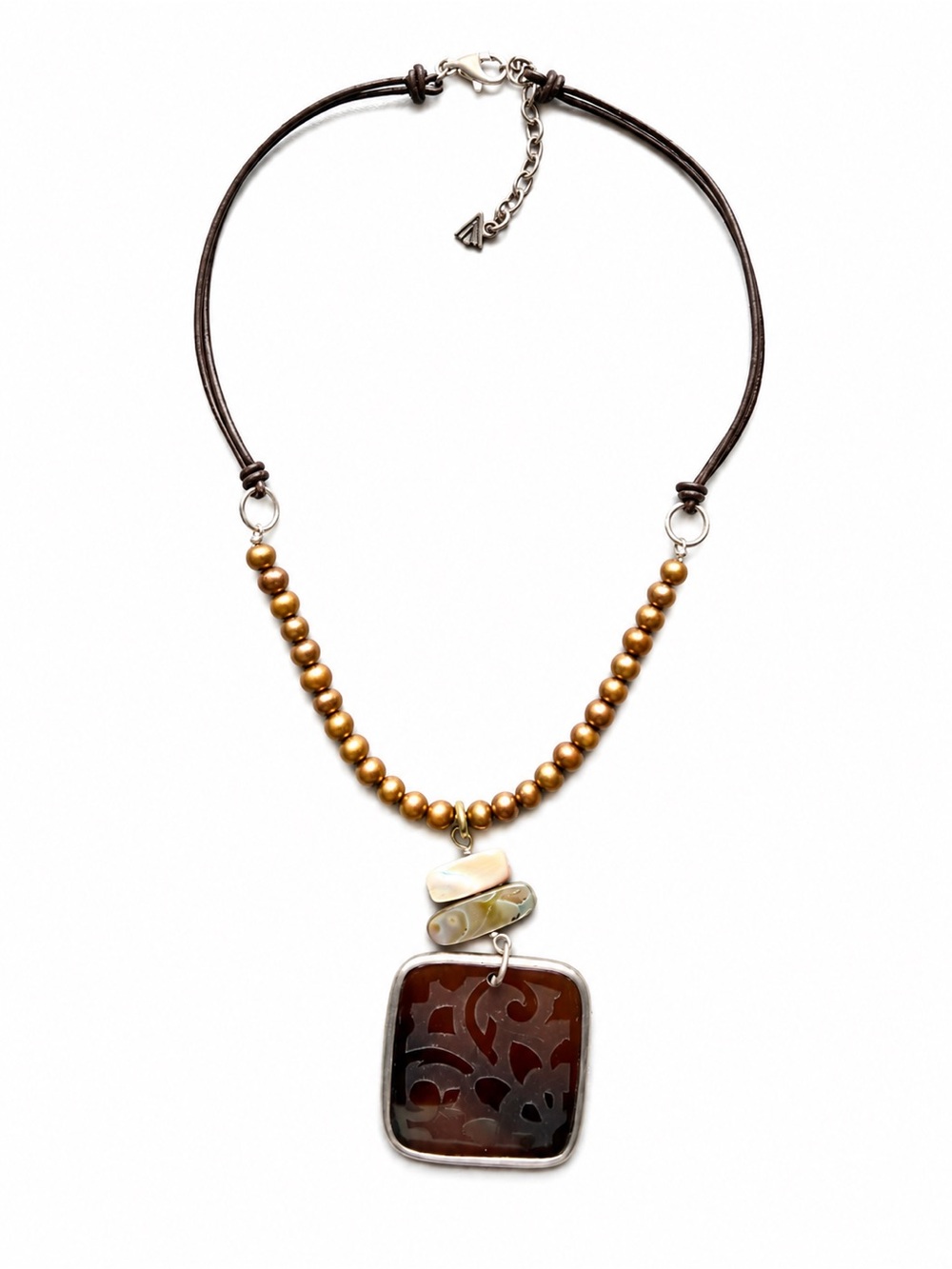 Artisan Yellow PEARL necklace with Carved Pendant & mother of Pearls